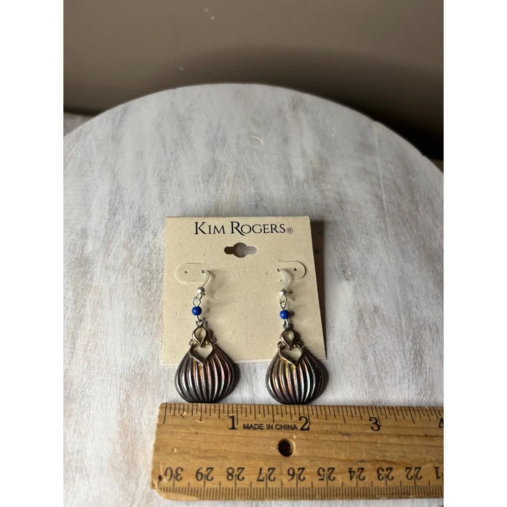 Kim Rogers Blue Bead Iridescent Gunmetal Ribbed Teardrop Drop Earrings 417032EZ